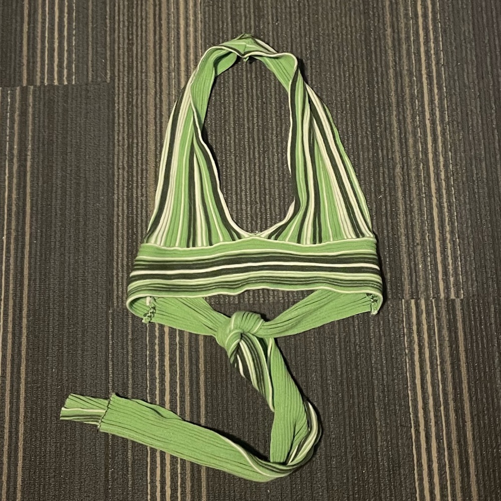 Green and Black Ribbed Halter Crop Top